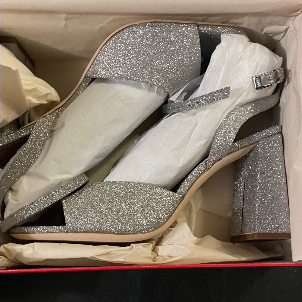 STAUD Glittering Silver Block Heels
